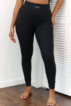 Lounge Underwear Leggings Sets Ribbed High Waisted Leggings - Black