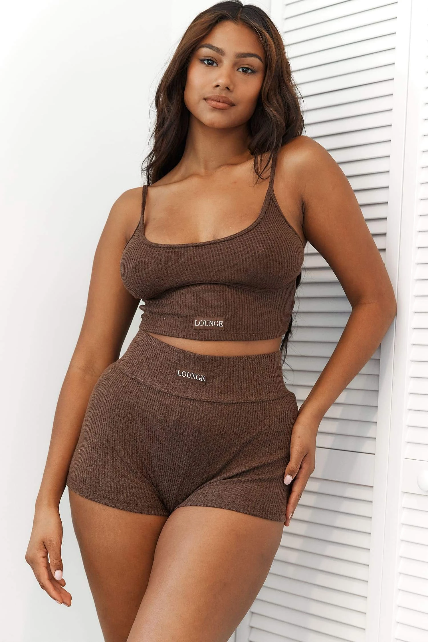 0050_A23I1599RibbedShorts.jpg Lounge Underwear Ribbed High Waisted Shorts - Chocolate