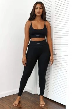 Lounge Underwear Leggings Sets Ribbed High Waisted Leggings - Black