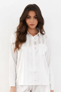 Lounge Underwear Striped Satin Pyjama Shirt - Pearl