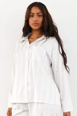 Lounge Underwear Striped Satin Pyjama Shirt - Pearl