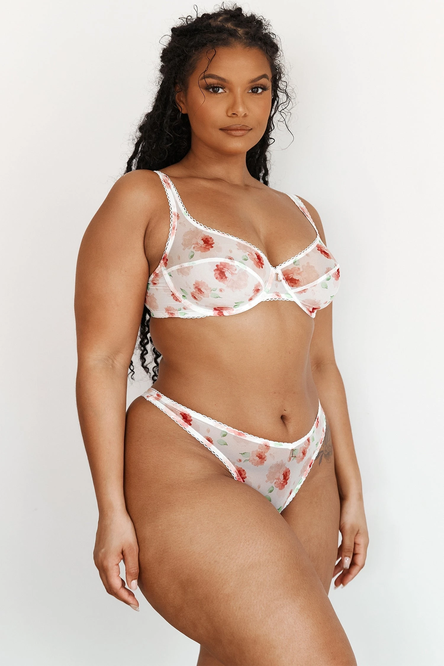 4-WhiteFloralMeshBralette_ThongSet-Leslie.jpg Lounge Underwear Floral Mesh Balcony Bra (Set) - White Bügel-BH Sets