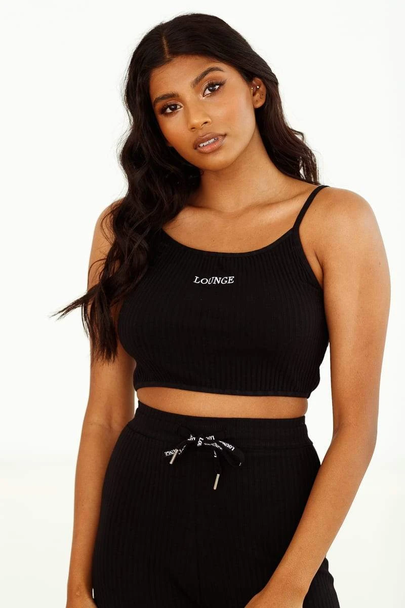 4BlackRibbedFlaresNikki.jpg Lounge Underwear Outlet Ribbed Crop Top (Set) - Black