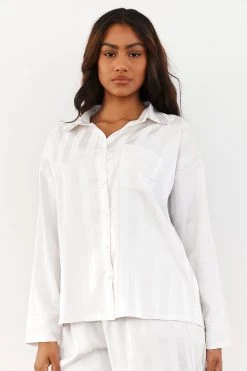 Lounge Underwear Striped Satin Pyjama Shirt - Pearl