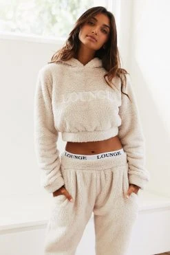 Lounge Underwear Teddy Cropped Hoodie - Oatmeal Cream Tops Und Hoodys