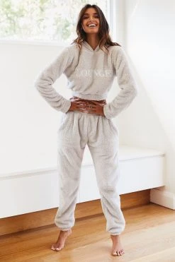 Lounge Underwear Teddy Cropped Hoodie - Frosted Grey Tops Und Hoodys