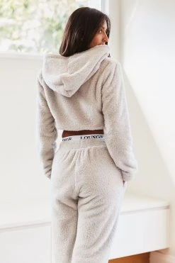 Lounge Underwear Teddy Cropped Hoodie - Frosted Grey Tops Und Hoodys