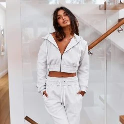 Lounge Underwear Zip Up Scrunchie Hoodie - Ash White