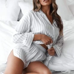 Lounge Underwear Schlaf Pinstripe Pyjama Shirt (Set) - Frost